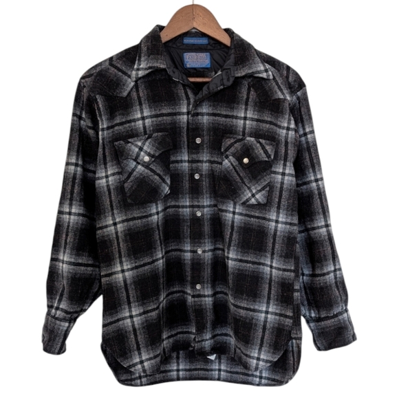 Pendleton Shacket Shirt Virgin Wool Plaid Black Grey Snap Front Women's Large - Picture 2 of 14